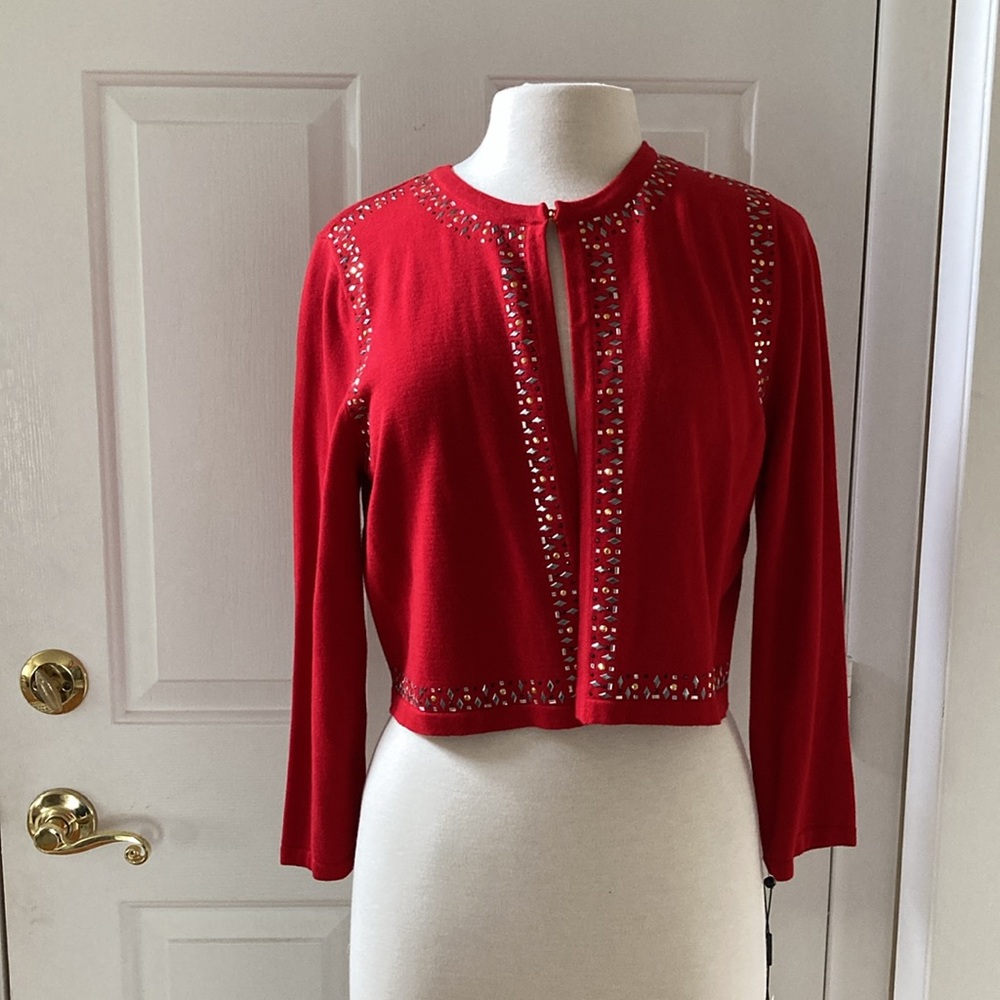 NWT Vintage Calvin Klein embellished Red cotton/rayon cropped cardigan